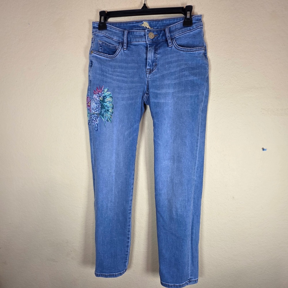 Tommy Bahama Slim Boyfriend Jeans Med Sandbar Embroidered Parrot school 28x26